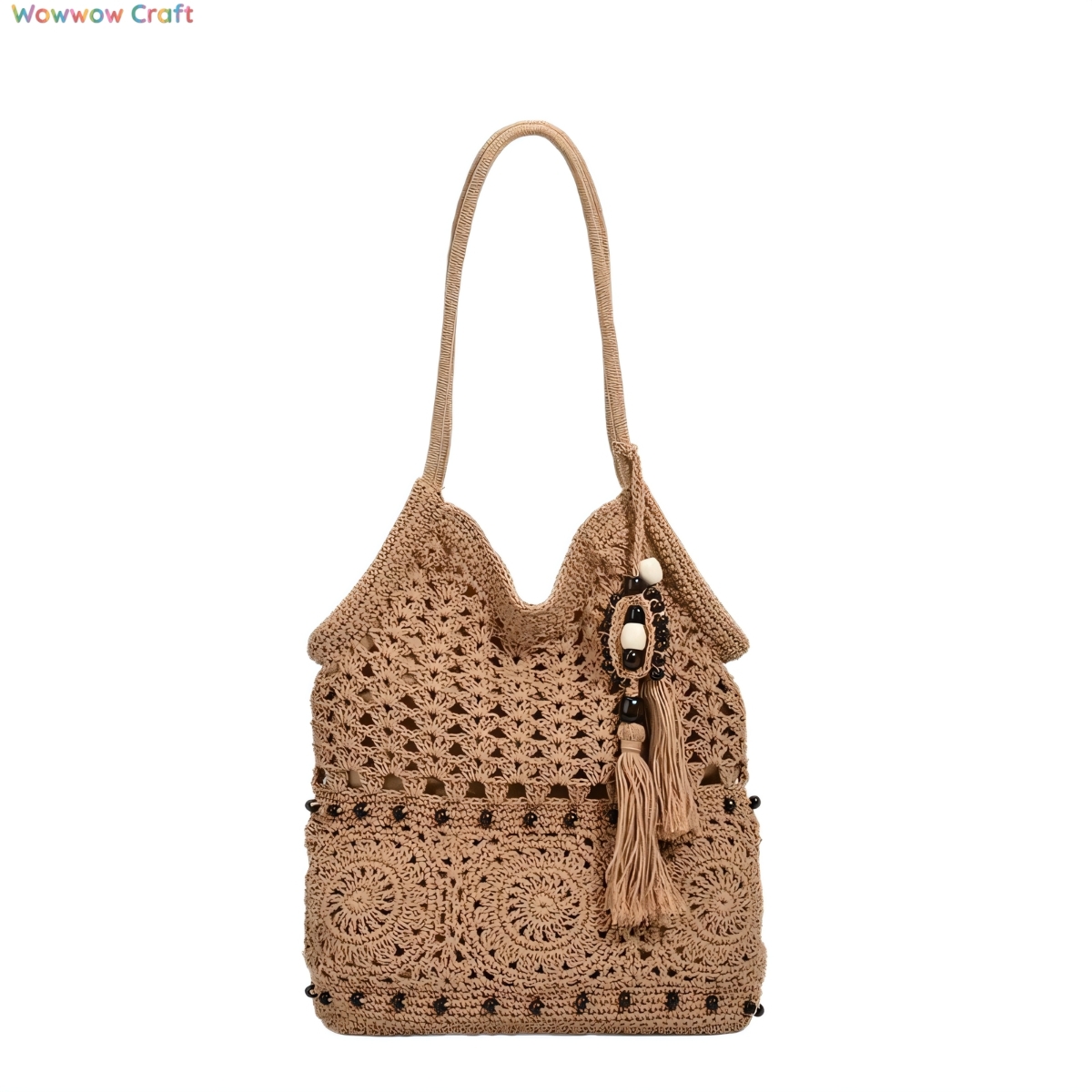 Shoulder Bags,Totes,Crochet Bags,Wooden Bead Tassel Crocheted Shoulder Bag - Handmade Crocheted Bag